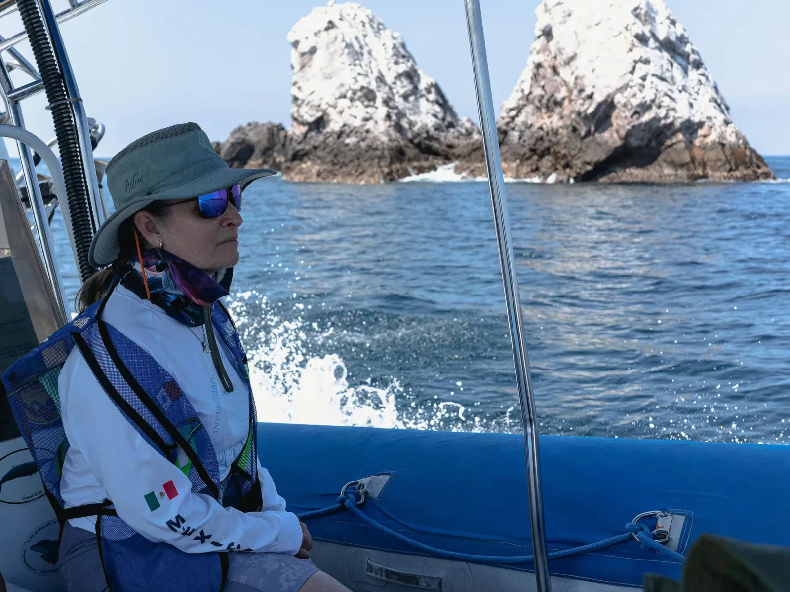Astrid Frisch Jordán aboard a research vessel during a humpback whale expedition on the Mexican Pacific coast