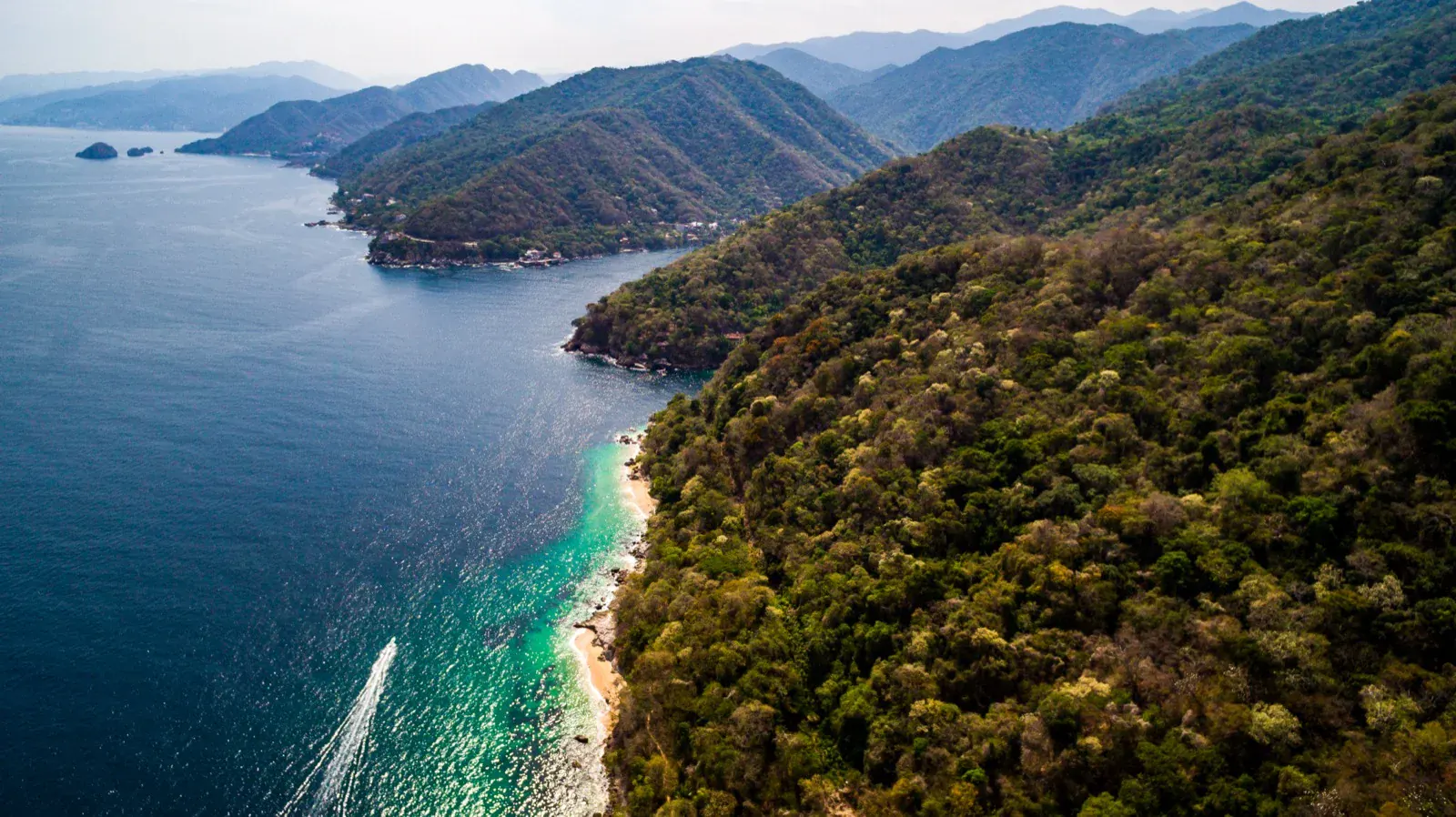 Aerial view of the Sierra Madre falling toward the Pacific, with a small beach between the jungle and the sea