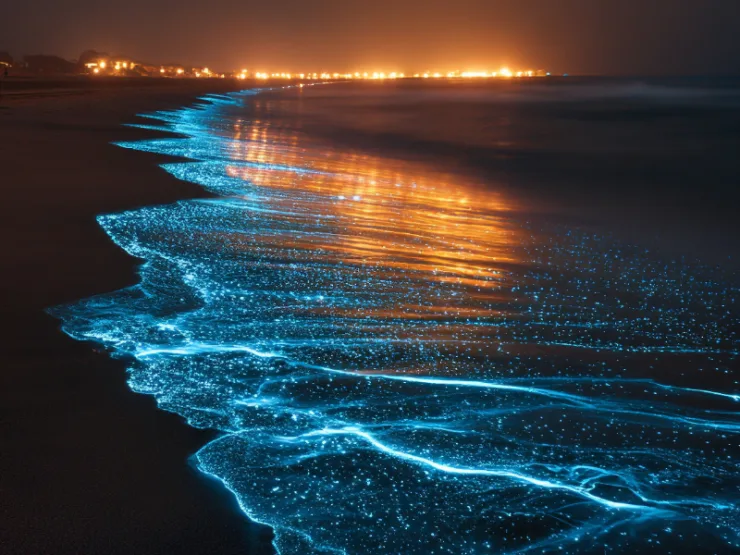 Waves glowing blue with bioluminescence on a beach at night