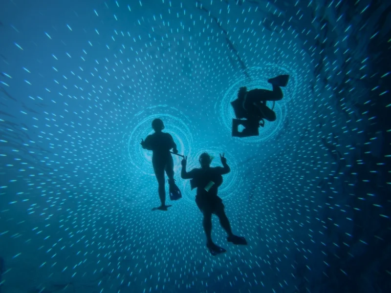 Snorkelers silhouetted underwater surrounded by glowing light trails