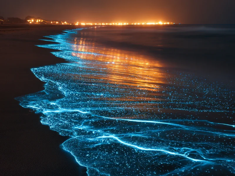Waves glowing blue with bioluminescence on a beach at night