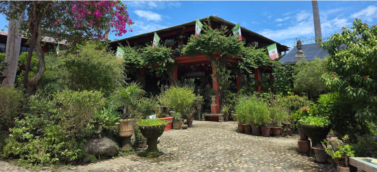 Garden pavilion decorated with Mexican flags