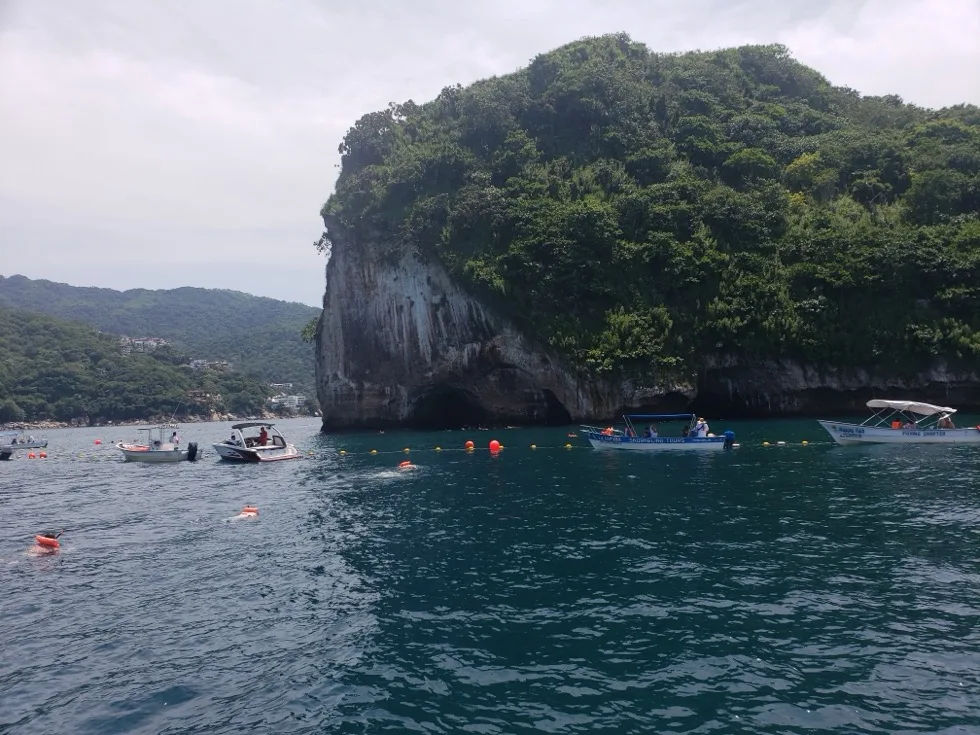 View of the Los Arcos rock formations from the water