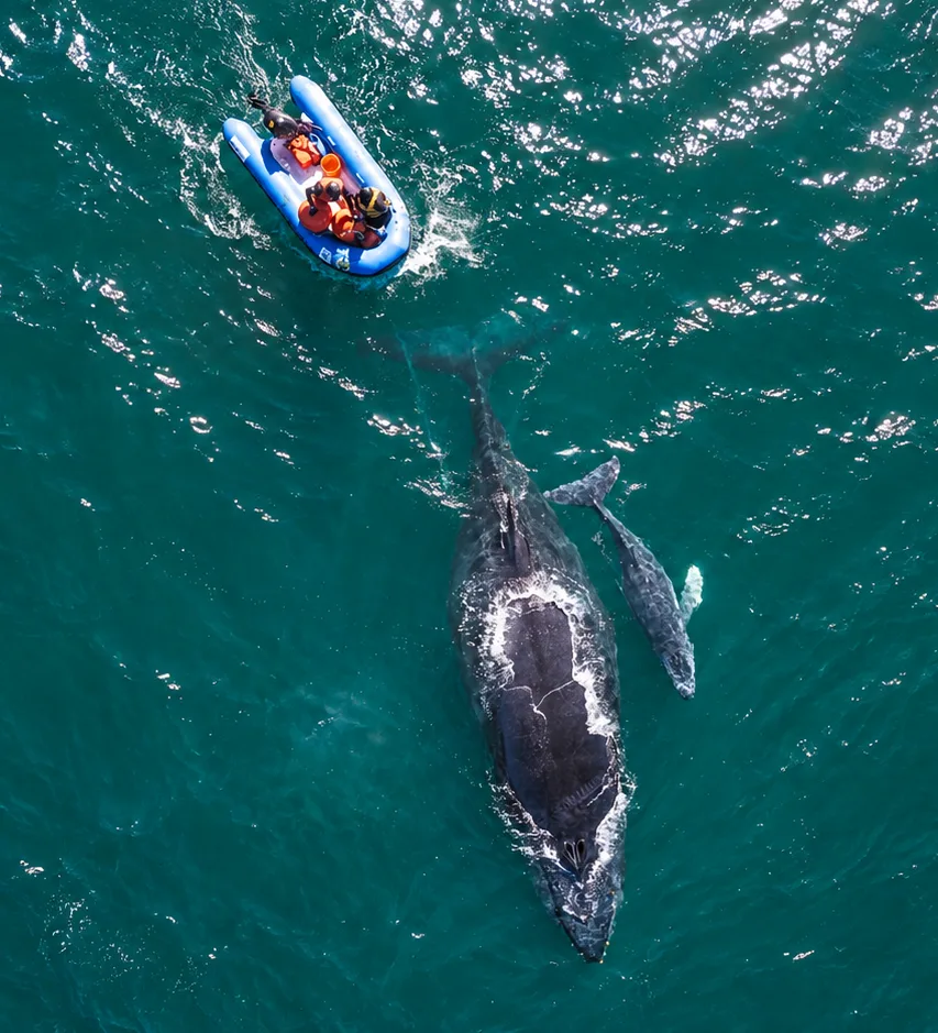Aerial view of a humpback whale mother and calf in Banderas Bay