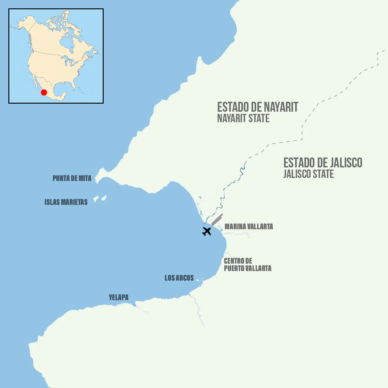 Map showing Puerto Vallarta within Banderas Bay, Jalisco, Nayarit and the Pacific Ocean