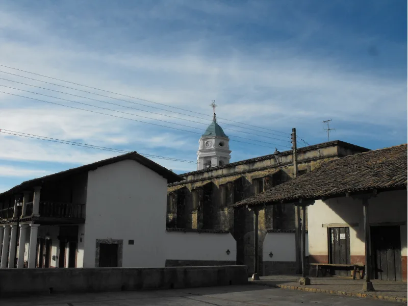 Colonial buildings and bell tower in San Sebastian del Oeste