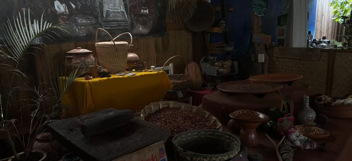 Traditional cacao-preparation display inside Planeta Cacao