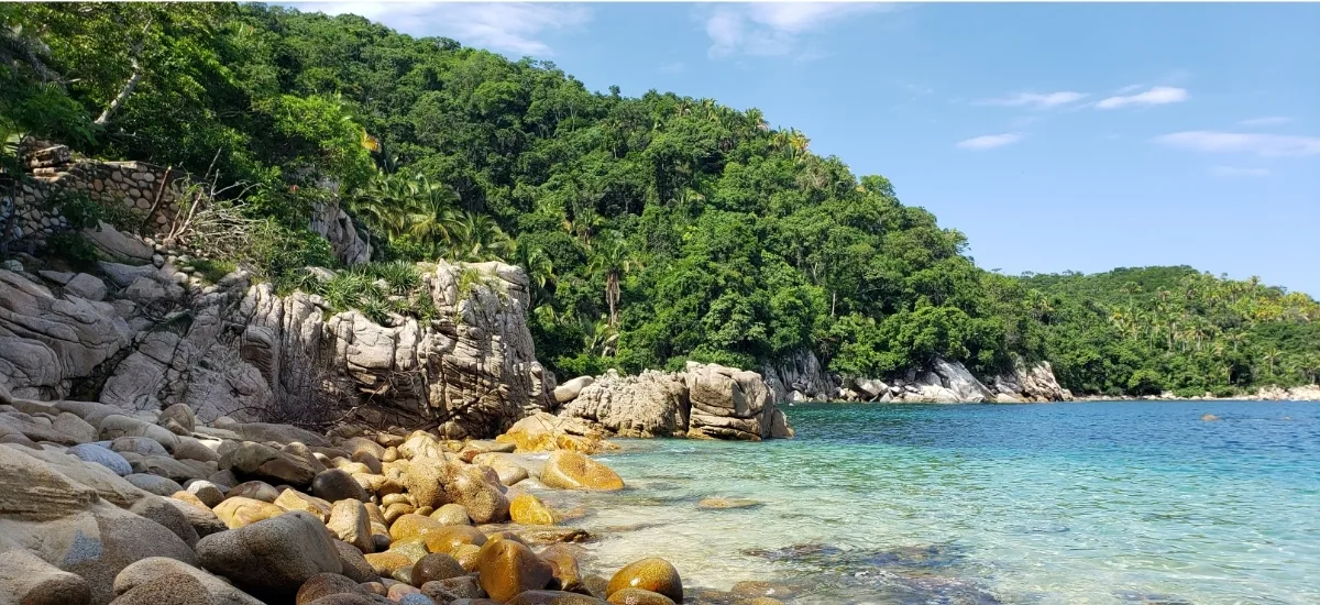Rocky cove with clear turquoise water along the Yelapa coastline